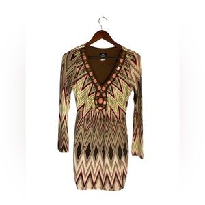 Women's Pattern Dress V Neck Long Sleeve with Stones Design.
